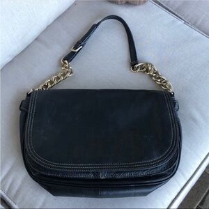 ISAAC MIZRAHI LIVE BEAUTIFUL BLACK LEATHER LARGE SADDLE BAG CHAIN STRAP